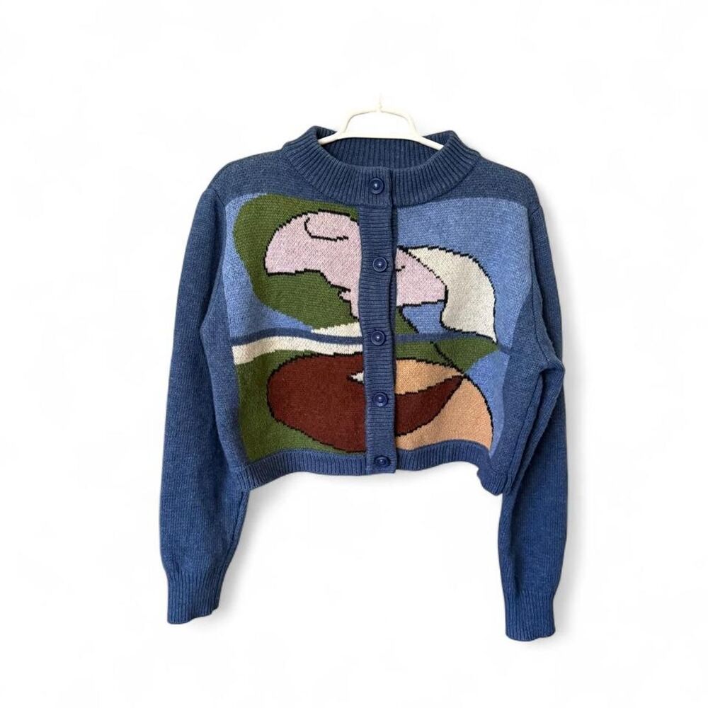Kina & Tam Blue Wool Blend Cardigan Abstract Cropped Sweater. Size S/M